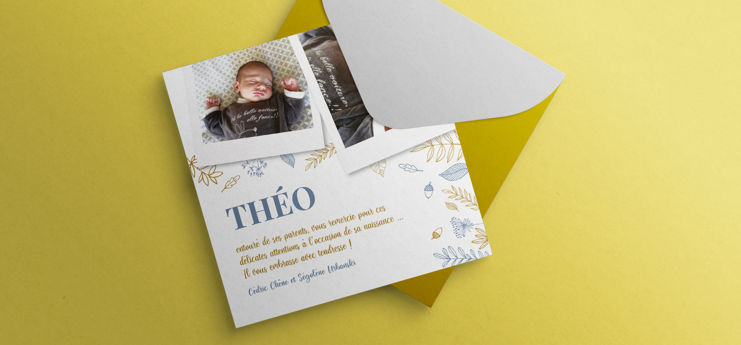carte-remerciement-naissance-theo-graphisme Création graphique, mise en page et illustrations d'un faire-part de naissance