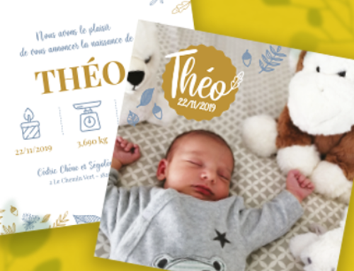 Faire-part de naissance et carte remerciements – Théo