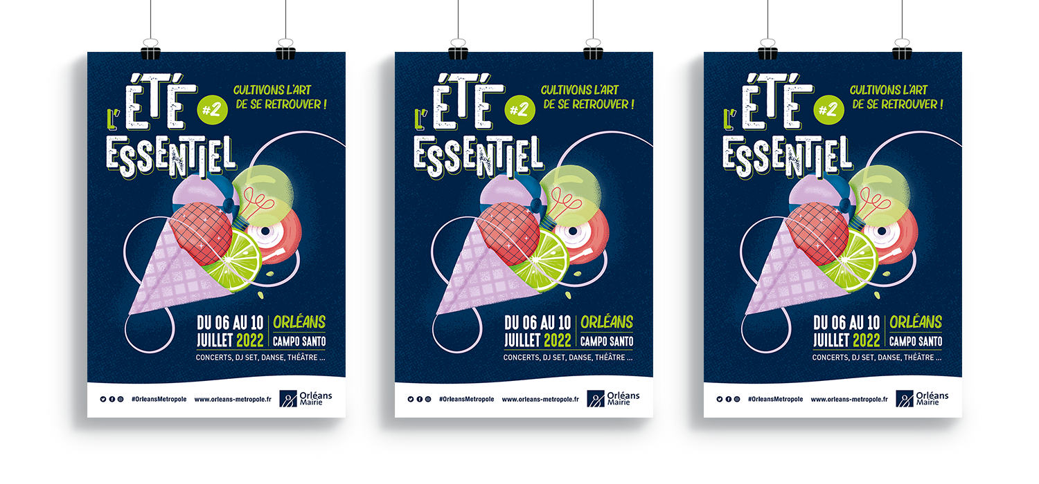 ete-essentiel-2022-affiche-festival-orleans création d'affiche (illustration et mise en page) pour le festival Été essentiel à Orléans