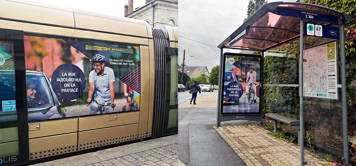 tao-orleans-creation-affiche-habillage-tram-studio-elski Réalisation de l'habillage du tramway et d'affiches pour la campagne de TAO sur les mobilités douces