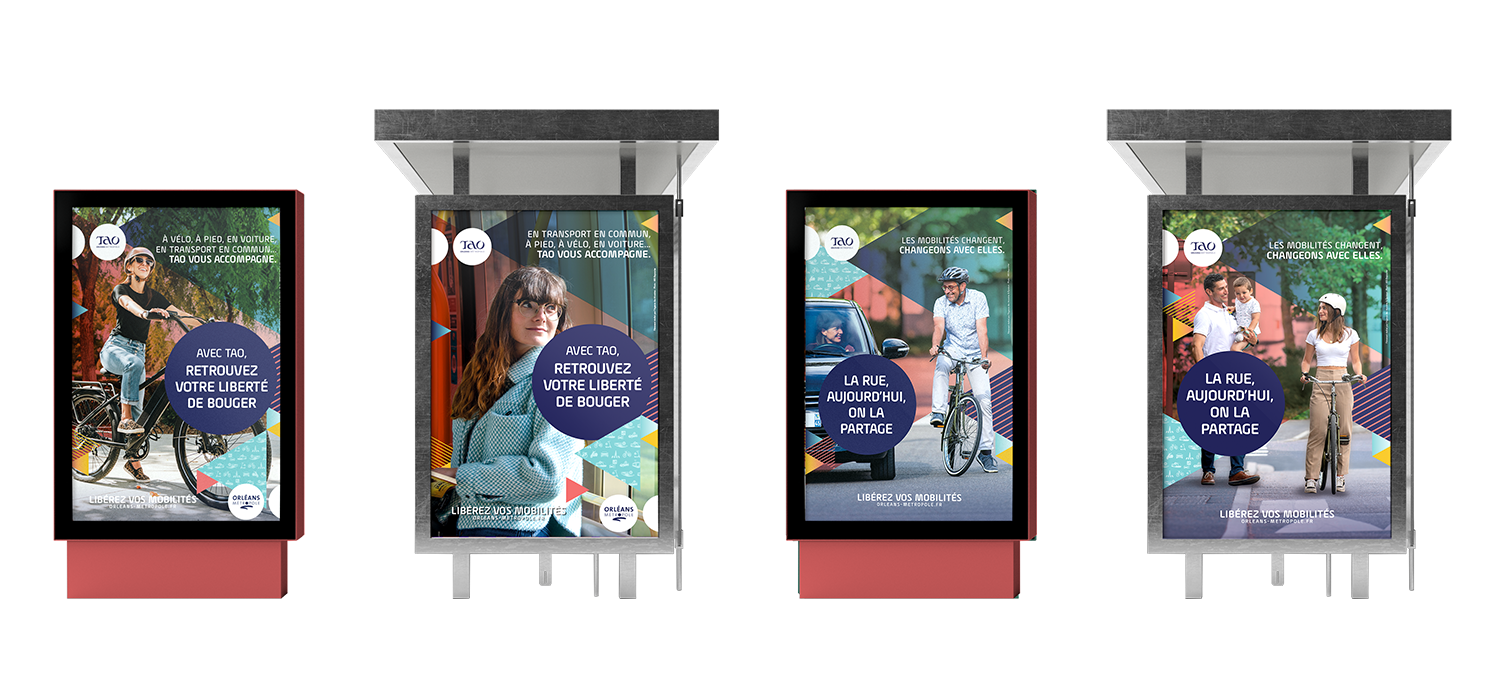 tao-orleans-creation-affiche-studio-elski Graphisme et création d'affiches mettant en avant piéton, vélo et automobile pour la campagne de TAO sur les mobilités douces, dans le respect de la charte graphique
