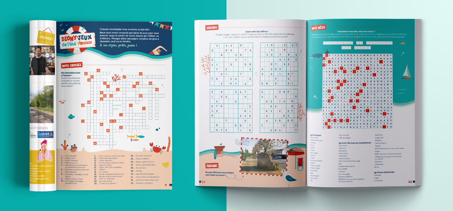 saint-denis-de-l-hotel-mise-en-page-creation-carnet-jeux-ete Création d'une mise en page pour un carnet de jeux inséré dans le Dionysien, magazine municipal de Saint-Denis-de-l'Hôtel, par le Studio Elski. Illustrations sur le thème de la plage.