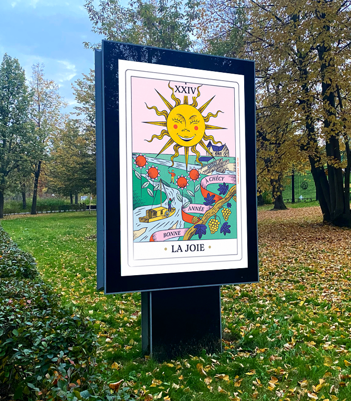 carte-voeux-mairie-checy-2024-illustration-tarot Réalisation d'illustration et de graphisme pour l'affiche abribus de Chécy dans le Loiret