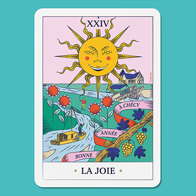 Création du graphisme de la carte de voeux 2024 de Chécy sur le thème de la joe et du tarot