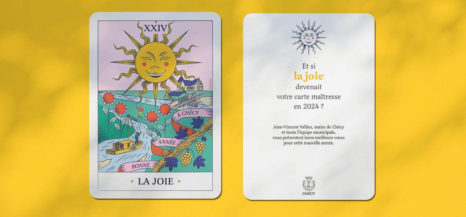 Création de carte de voeux recto verso pour la mairie de Chécy sur le thème de la joie et du tarot