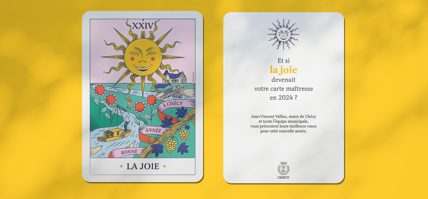 mairie-checy-creation-graphisme-illustration-carte-voeux-2024-tarot Création de carte de voeux recto verso pour la mairie de Chécy sur le thème de la joie et du tarot